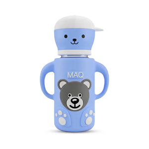 MAQ Bear-Buddy borosilicate glass baby feeder with silicone protective cover and dual handles, blue