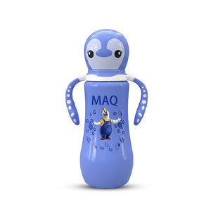 MAQ Penguin Cap Feeder 270ml with easy-grip side handles, blue, character-shaped baby bottle