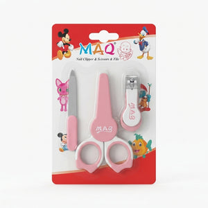 MAQ baby nail clipper, scissors and file set in pink packaging