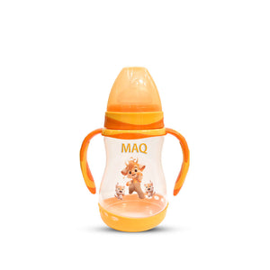 MAQ wide neck feeder bottle in orange, transparent body with side handles